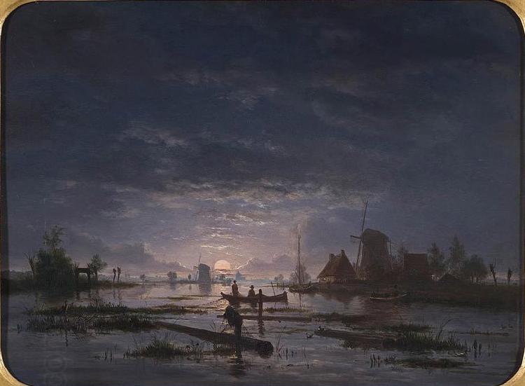 Jacob Abels An Extensive River Scene with Fishermen at Night oil painting picture